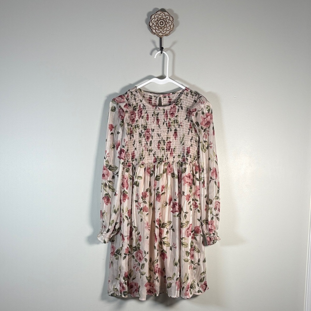 Bonnie Jean Pink and Cream Floral Girls Long Sleeve Dress